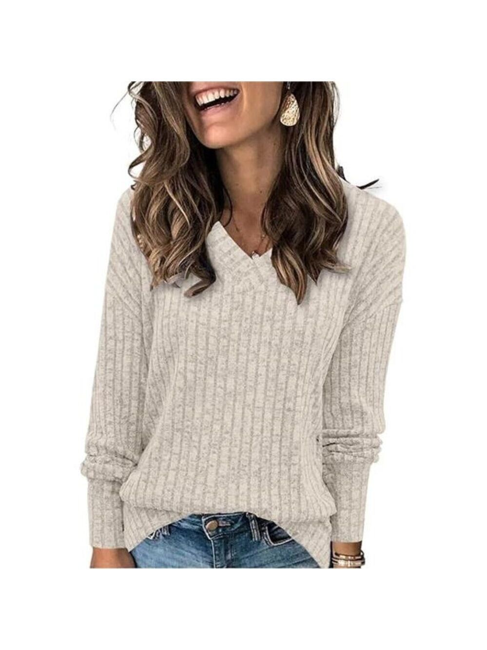 Womens V Neck Sweatshirt Long Sleeve Casual Loose Tunic Top Fall Winter Shirt - Picture 5 of 5